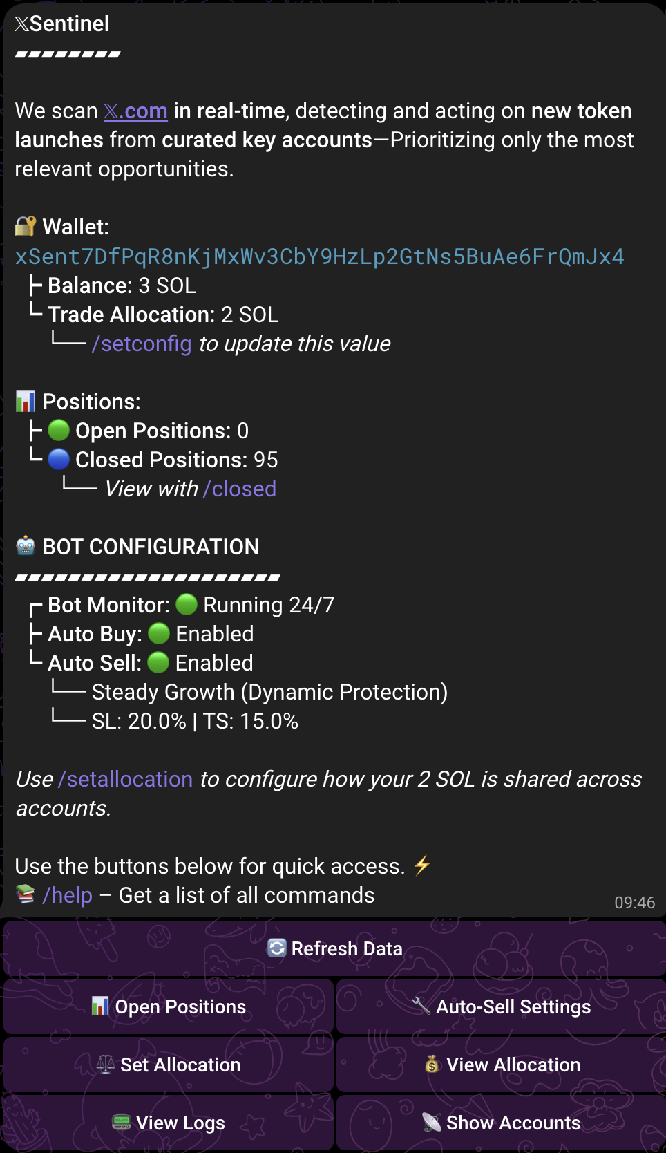 Real xSentinel Telegram bot dashboard showing wallet balance, positions and automated trading configuration